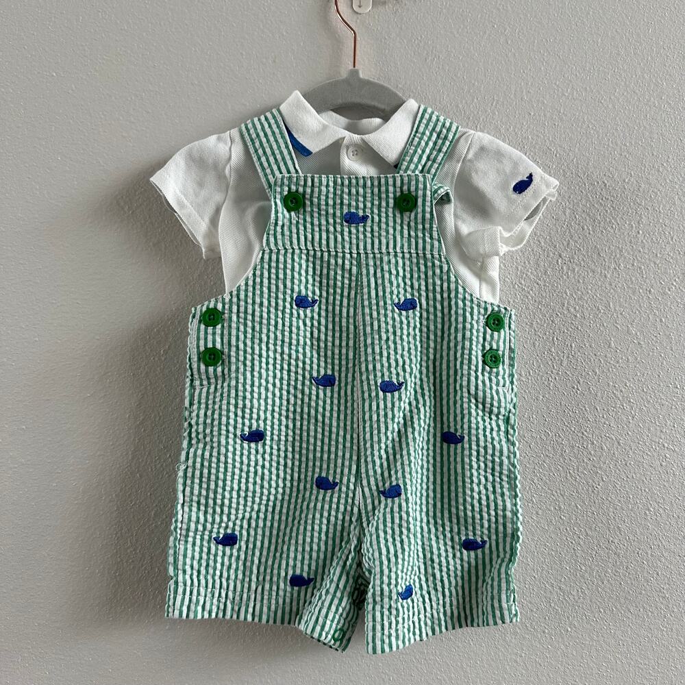 Little Me Baby Green Striped Blue whale overalls Size 12M